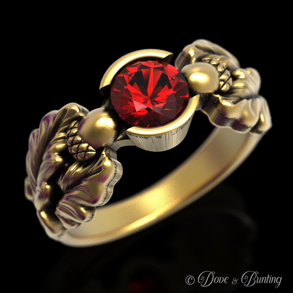 Gold-Eichel-Ring, Gold-Rubin-Verlobungsring, Natur-Verlobungsring, Blattgold-Ehering, Eichenbaum-Ring, Goldbaum-Ehering, 1604 von DoveAndBunting