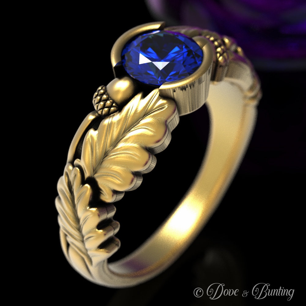 Gold-Eichel-Ring, Gold-Saphir-Verlobungsring, Natur-Verlobungsring, Blattgold-Ehering, Eichenbaum-Ring, Goldbaum-Ehering, 1603 von DoveAndBunting