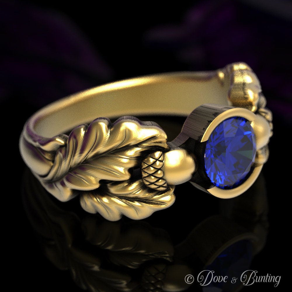 Gold Eichel Ring, Saphir Verlobungsring, Natur Blattgold Ehering, Eiche Baum 1604 von DoveAndBunting