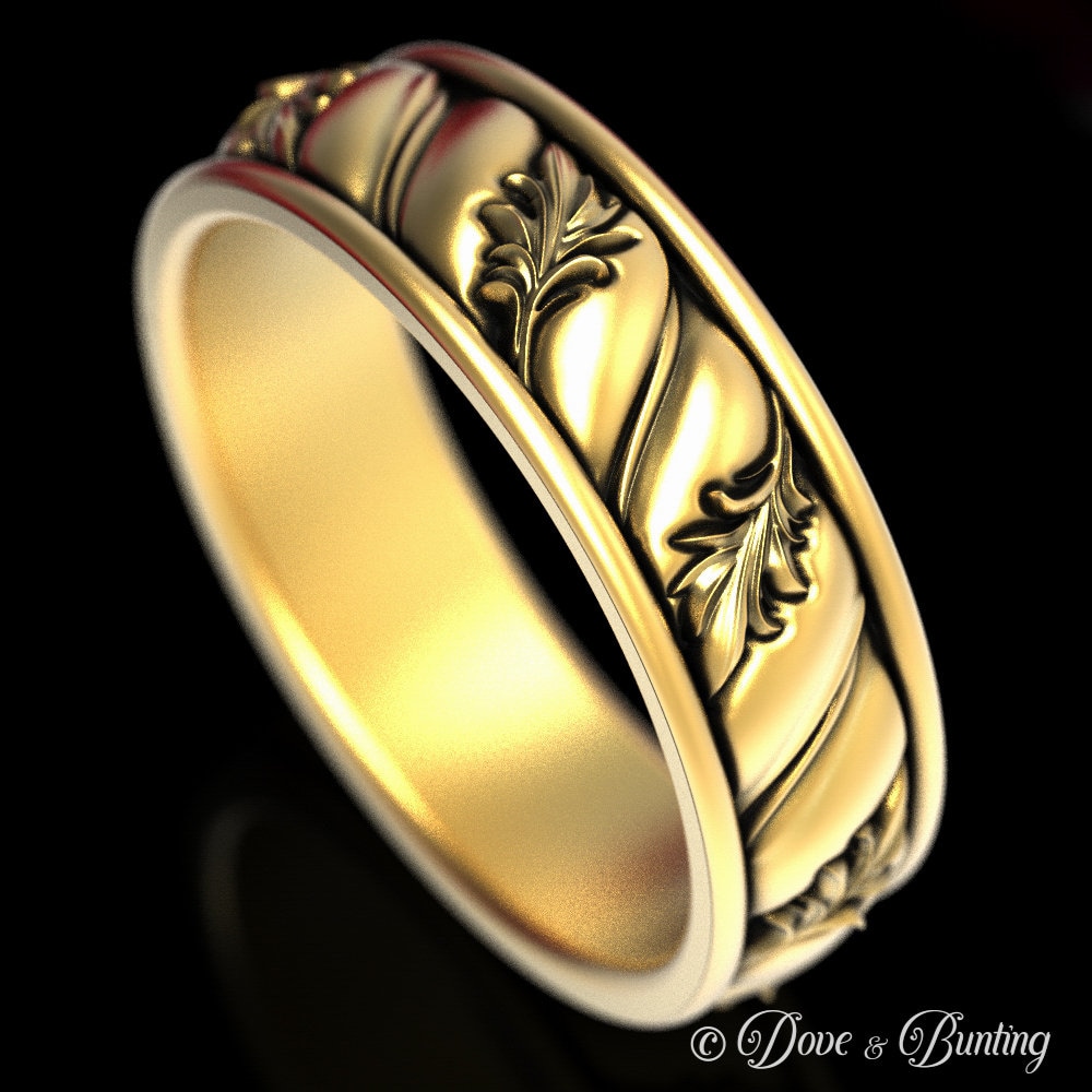 Goldener Jugendstil-Ehering, Floraler Ehering, Vintage-Inspirierter Ring, Antiker Blattring, Platinring, 1553 von DoveAndBunting