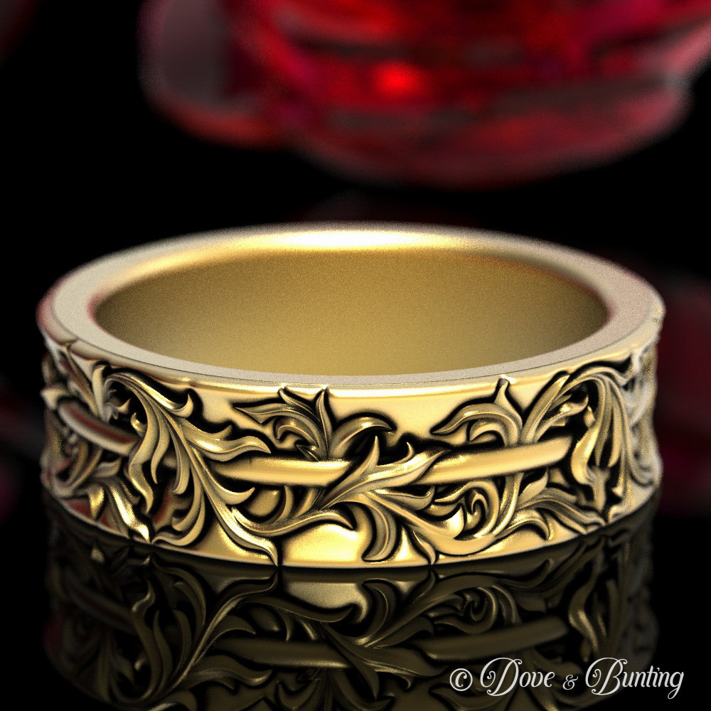 Gold Jugendstil Ehering, Weißgoldring, Natur Blumen Vintage Inspirierter Ring, Frauen 1551 von DoveAndBunting