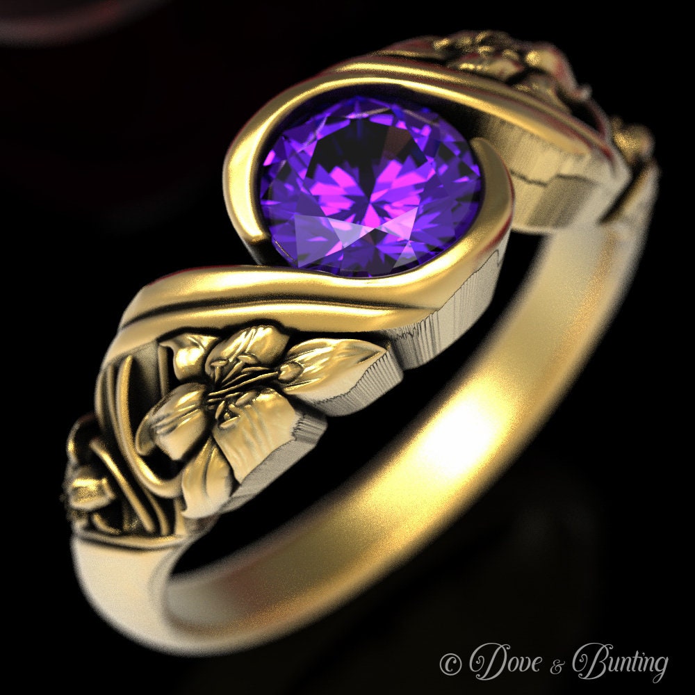 Gold Lilie Amethyst Verlobungsring, Floral Ehering, Lila Jugendstil Ring, 1528 von DoveAndBunting