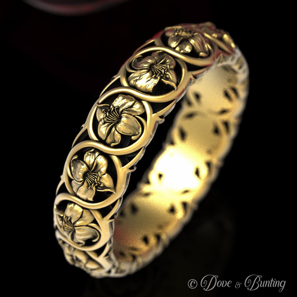 Gold Lilie Blumen Ring, Jugendstil Weißgold Natur Ehering, Platin 1576 von DoveAndBunting