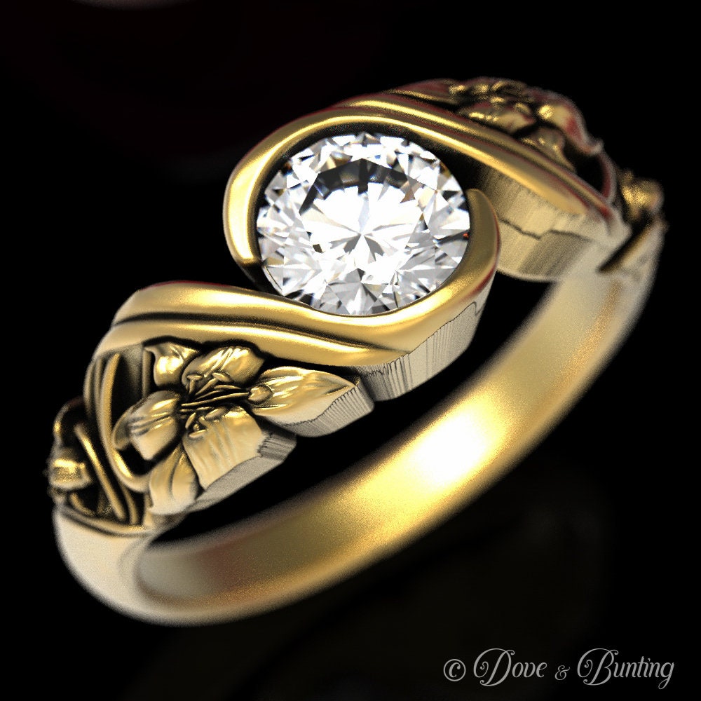 Gold Lilie Moissanit Verlobungsring, Blumen Ehering, Jugendstil Ring 1528 von DoveAndBunting