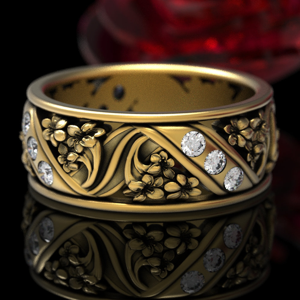 Gold Lilie Ring, Moissanite & Floral Ehering, Blumen Jugendstil Natur 1521 von DoveAndBunting
