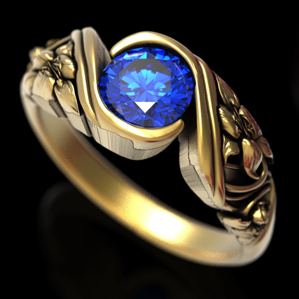 Gold Lilie Saphir Verlobungsring, Floral Ehering, Blauer Jugendstil Ring, 1528 von DoveAndBunting