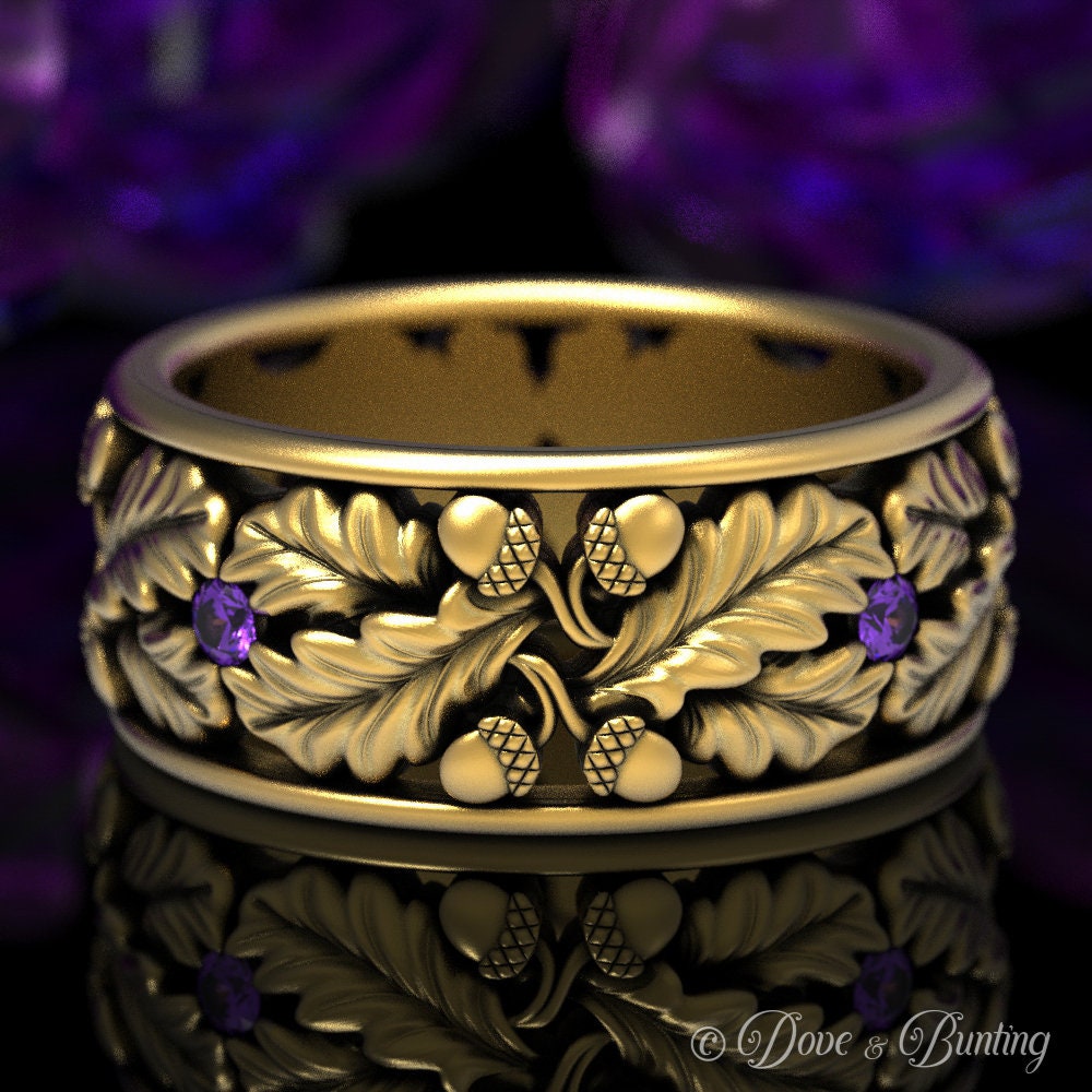 Gold Natur Ehering, Amethyst Weißgold Blattring, Eichel Ring, Naturring, Wald 1611 von DoveAndBunting