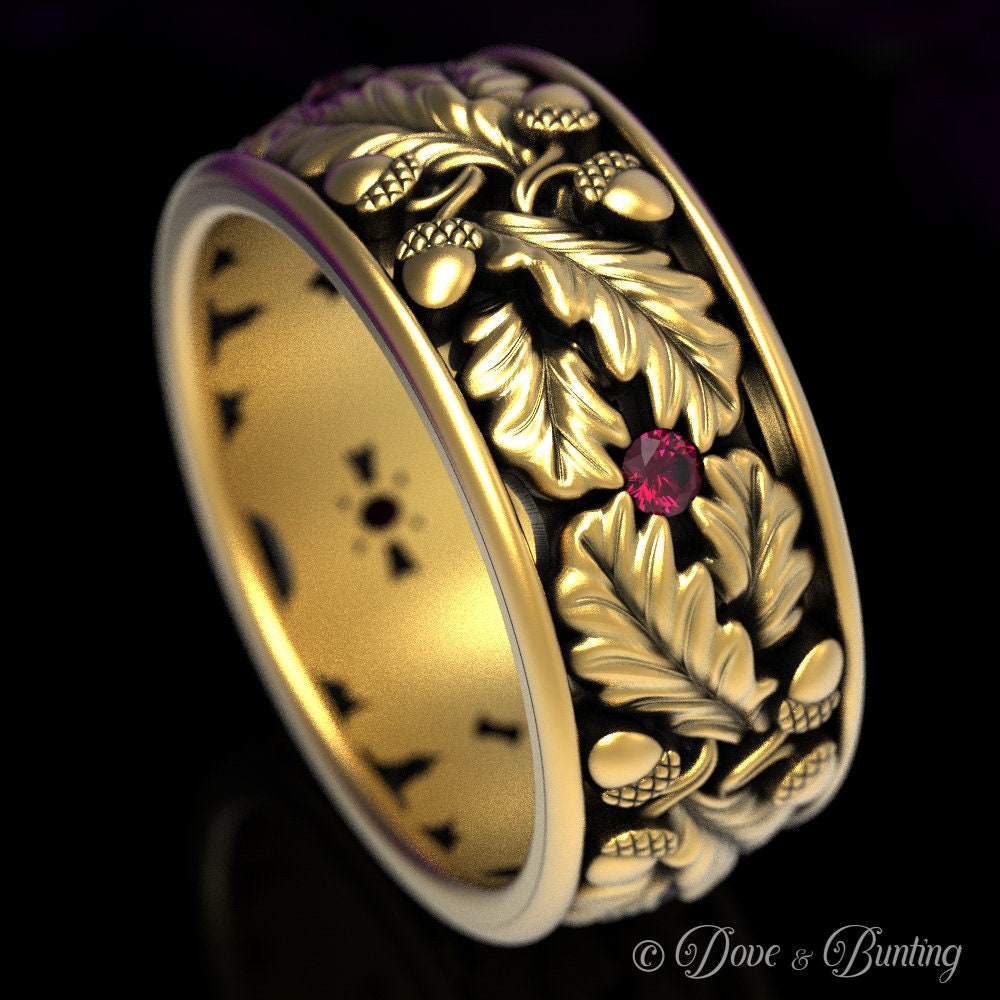 Gold-Natur-Ehering, Rubin-Ehering, Weißgold-Blatt-Ring, Eichenbaum-Ring, Gold-Natur-Ring, Wald-Ehering, Eichel-Ring, 1611 von DoveAndBunting