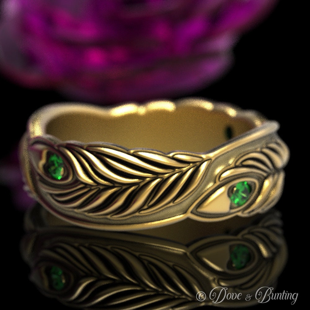 Gold Smaragd Federring, Weißgold Feder Ehering, Jugendstil Ring, Herz 1624 von DoveAndBunting