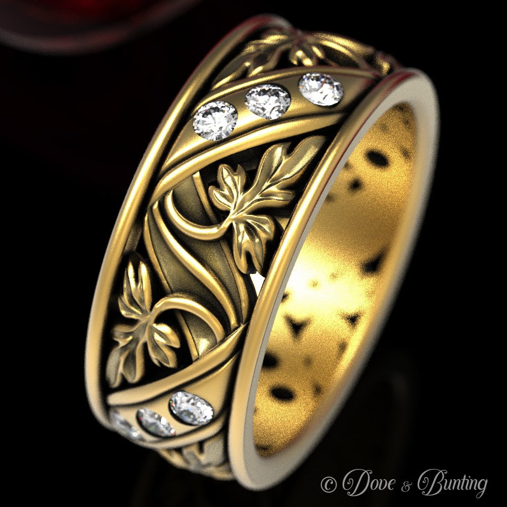 Gold & Moissanit Blumen Ehering, Einzigartiger Jugendstil Ring, Natur Inspiriert Platin Ehering, 1511 von DoveAndBunting