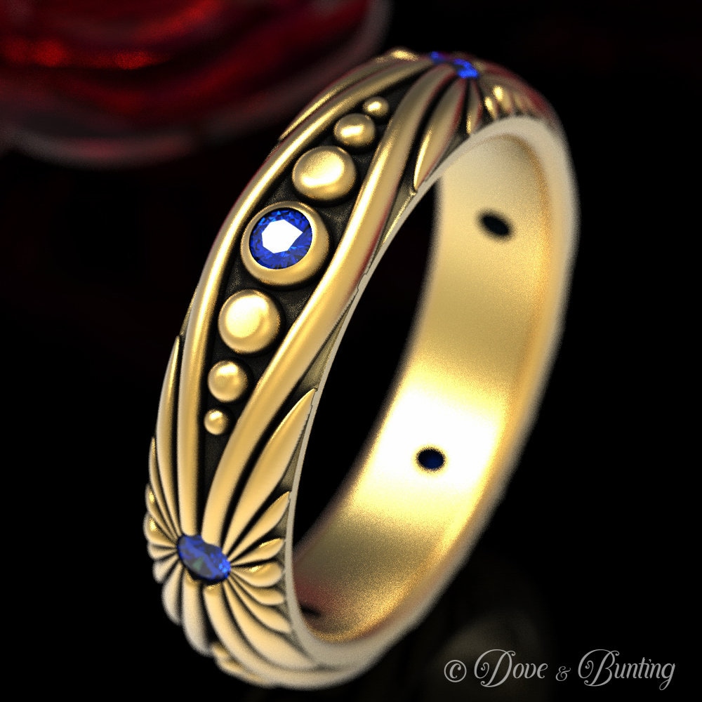 Gold & Saphir Ehering, Sonnenstrahl Ring, Sonnenring, Jugendstil Kunst 1537 von DoveAndBunting