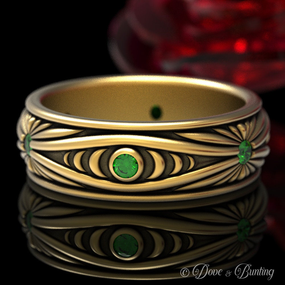 Gold & Smaragd Ehering, Mondphasenring, Herren Jugendstil Mond Ring, 1539 von DoveAndBunting