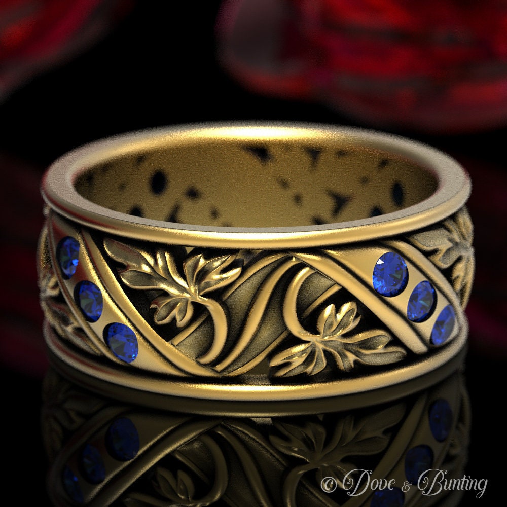 Gold Blume Ehering, Weißgold & Saphir Jugendstil Ring, Natur Inspiriert Platin 1511 von DoveAndBunting