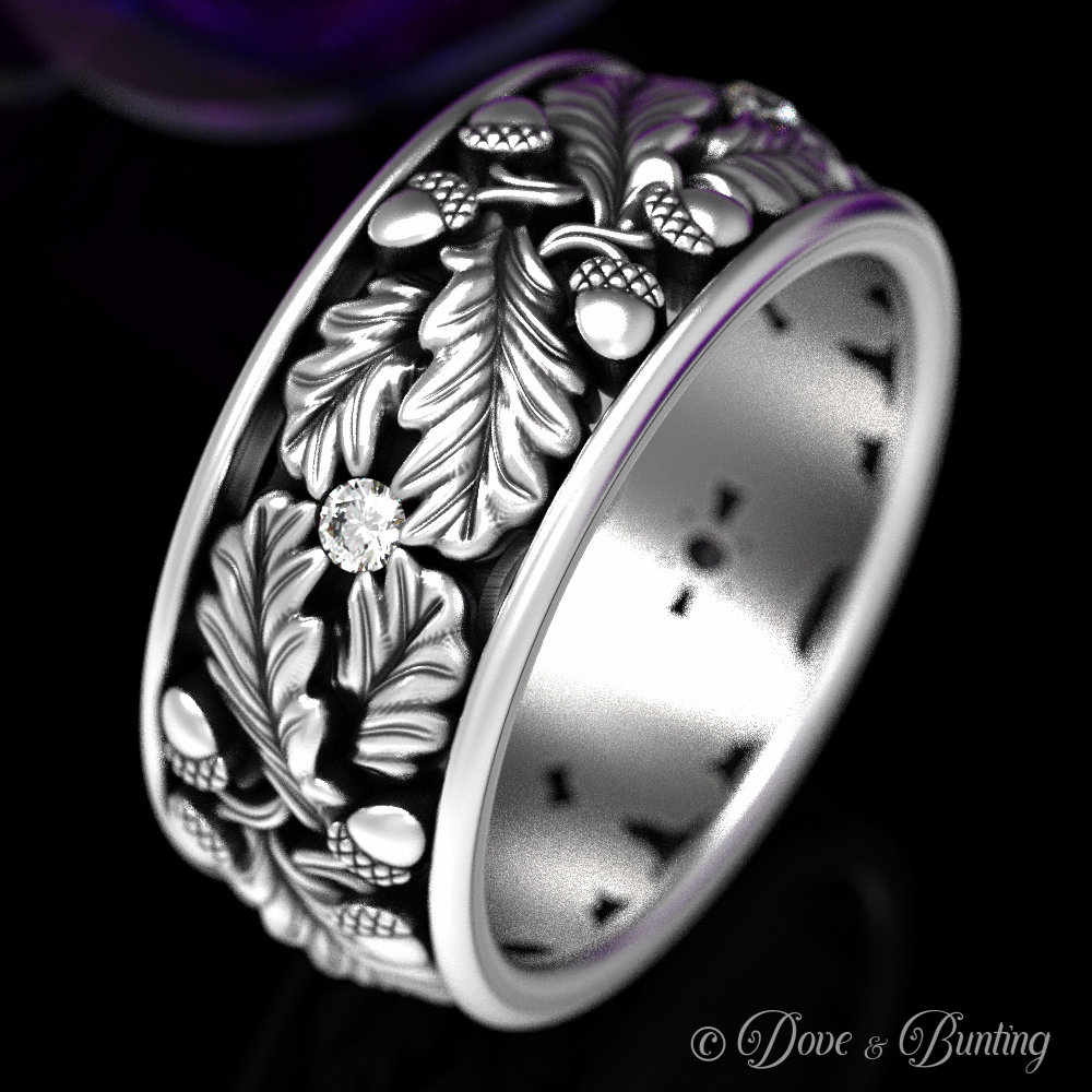 Herren-Moissanit-Ring, Silber-Herrenring, Natur-Ehering, Silber-Blatt-Ring, Sterling-Eichel-Ring, Eichenblatt-Ring, Natur-Ring, 1611 von DoveAndBunting