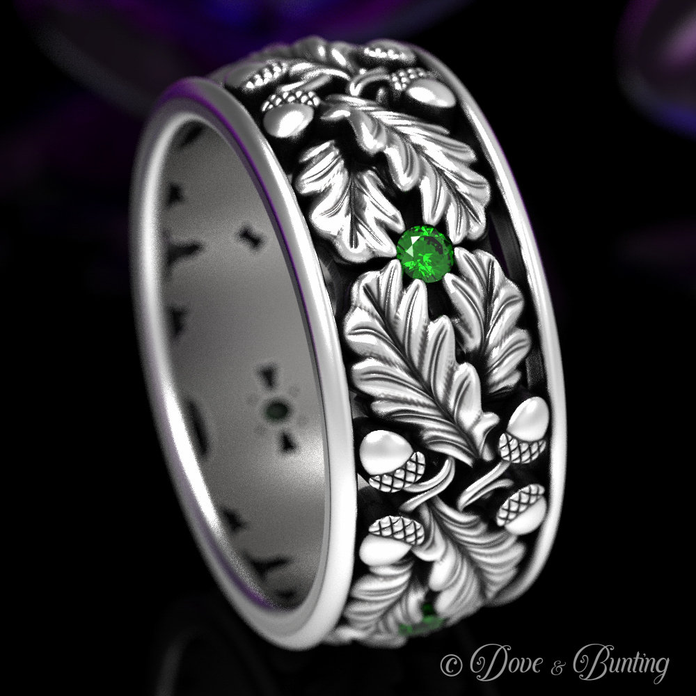 Herren Smaragd Ring, Sterling Silber Natur Ehering, Blatt Eichel Eiche 1611 von DoveAndBunting