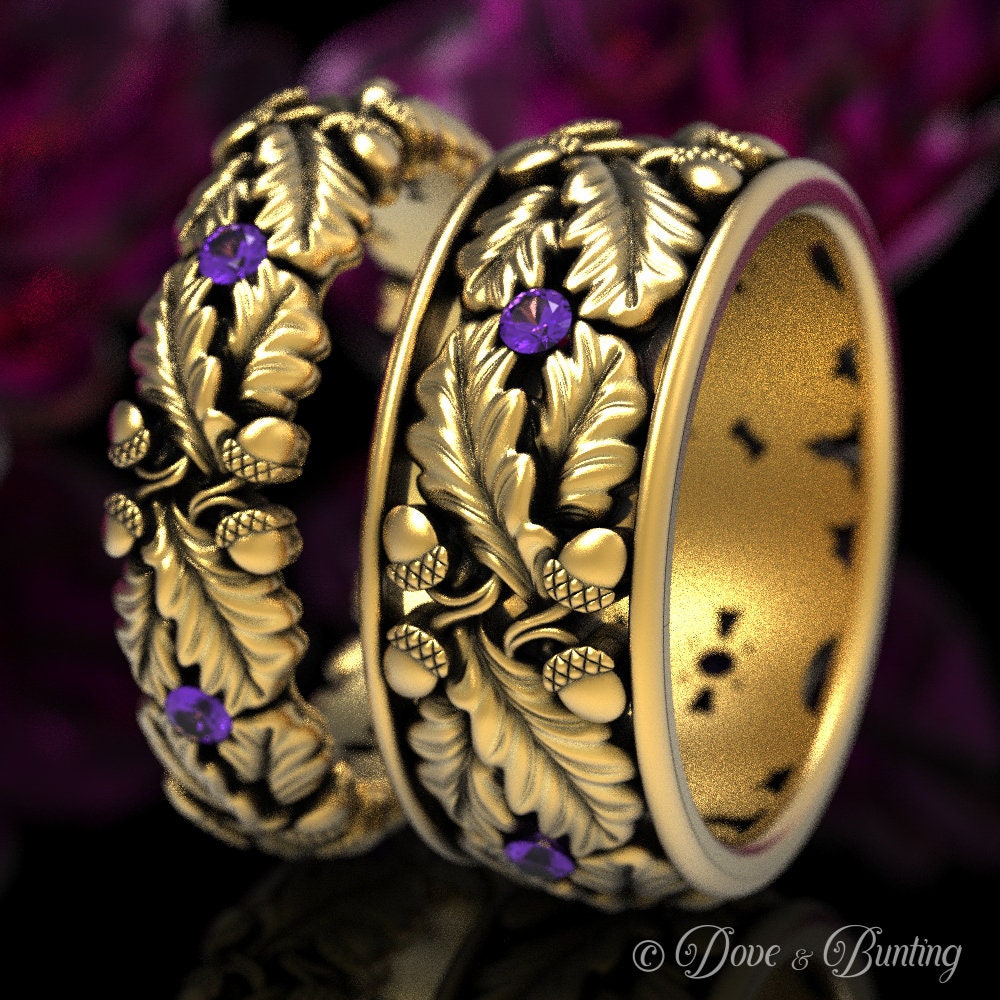 His Hers Ehering Set, Gold Passende Eheringe, Amethyst Eiche Ehering, Eichel 1612 1611 von DoveAndBunting