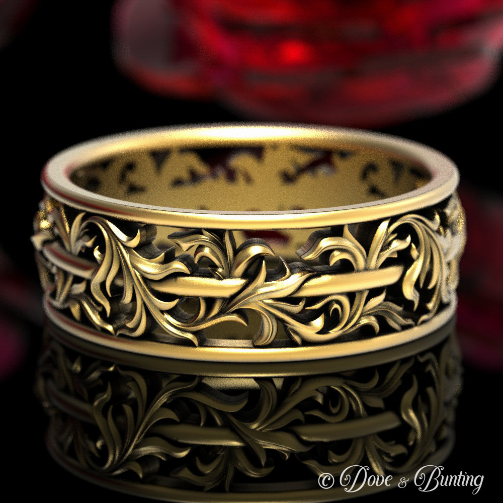 Jugendstil-Blattring, Gold - Oder Platin-Blattring, Natur-Ehering, Blumen-Ehering, Vintage-Inspirierter Ring, Frauen-Ehering, 1550 von DoveAndBunting