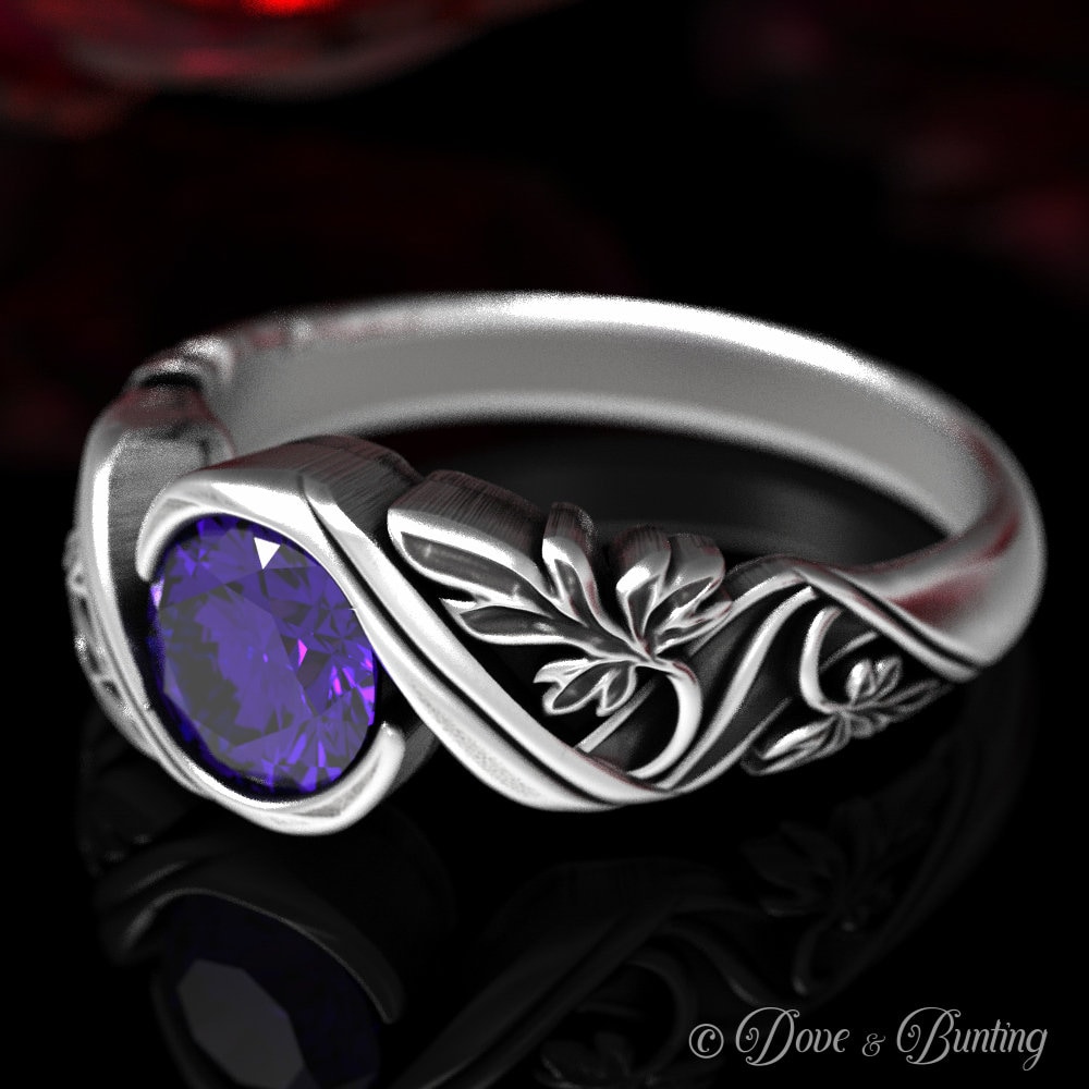 Jugendstil Verlobungsring, Sterling Amethyst Natur Ehering, Blume Silber Floral Ring, 1513 von DoveAndBunting