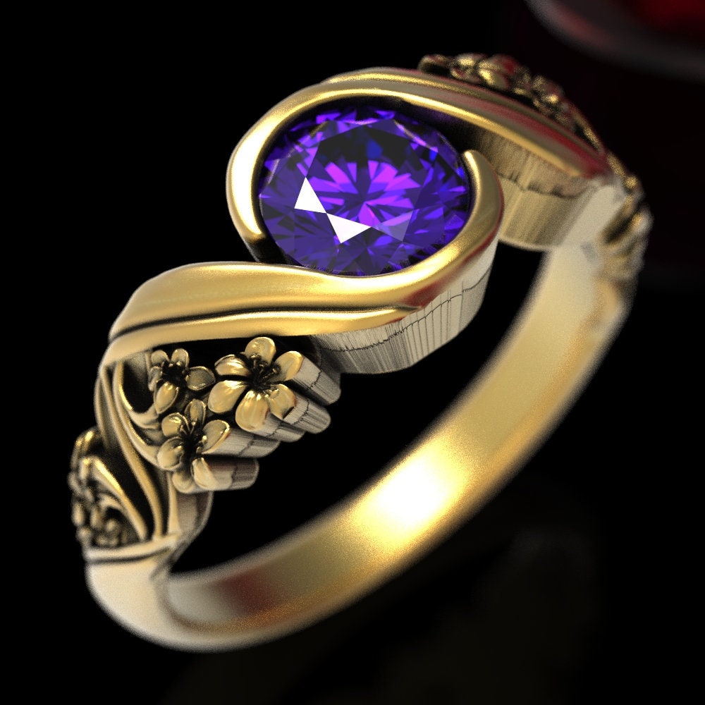 Floral Gold Ehering, Lilie Amethyst Verlobungsring, Lila Jugendstil Ring, 1526 von DoveAndBunting