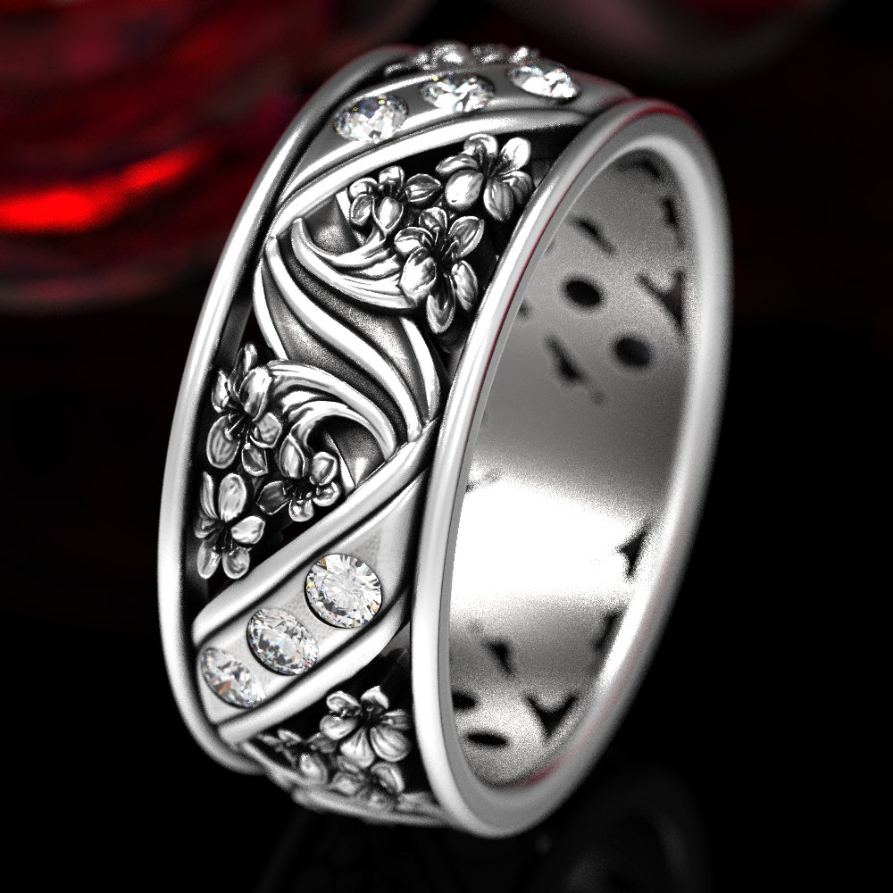 Lilien-Ehering, Moissanit + Sterling-Blumen-Ehering, Jugendstil-Ehering, Natur Inspirierter Ring, Blumen-Ehering, 1521 von DoveAndBunting