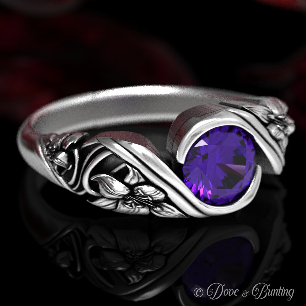 Lily Amethyst Verlobungsring, Sterling Jugendstil Blumen Ehering, Blume Ehering, Silber Natur Ring, 1528 von DoveAndBunting