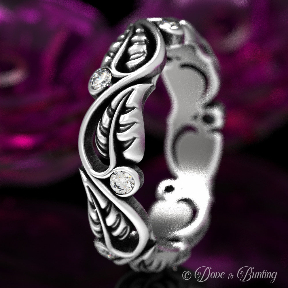 Moissanit Blatt Ehering, Sterling Ring, Jugendstil Swirl Silber Natur Pflanzen 1626 von DoveAndBunting