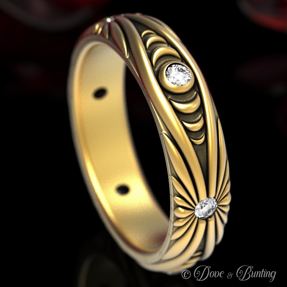 Moissanit-Mondring, Mondphasenring, Gold-Moissanit-Ehering, Goldmond-Ring, Sonnen-Mond-Ring, Gold-Sonnenring, Gold-Jugendstil-Ring, 1538 von DoveAndBunting