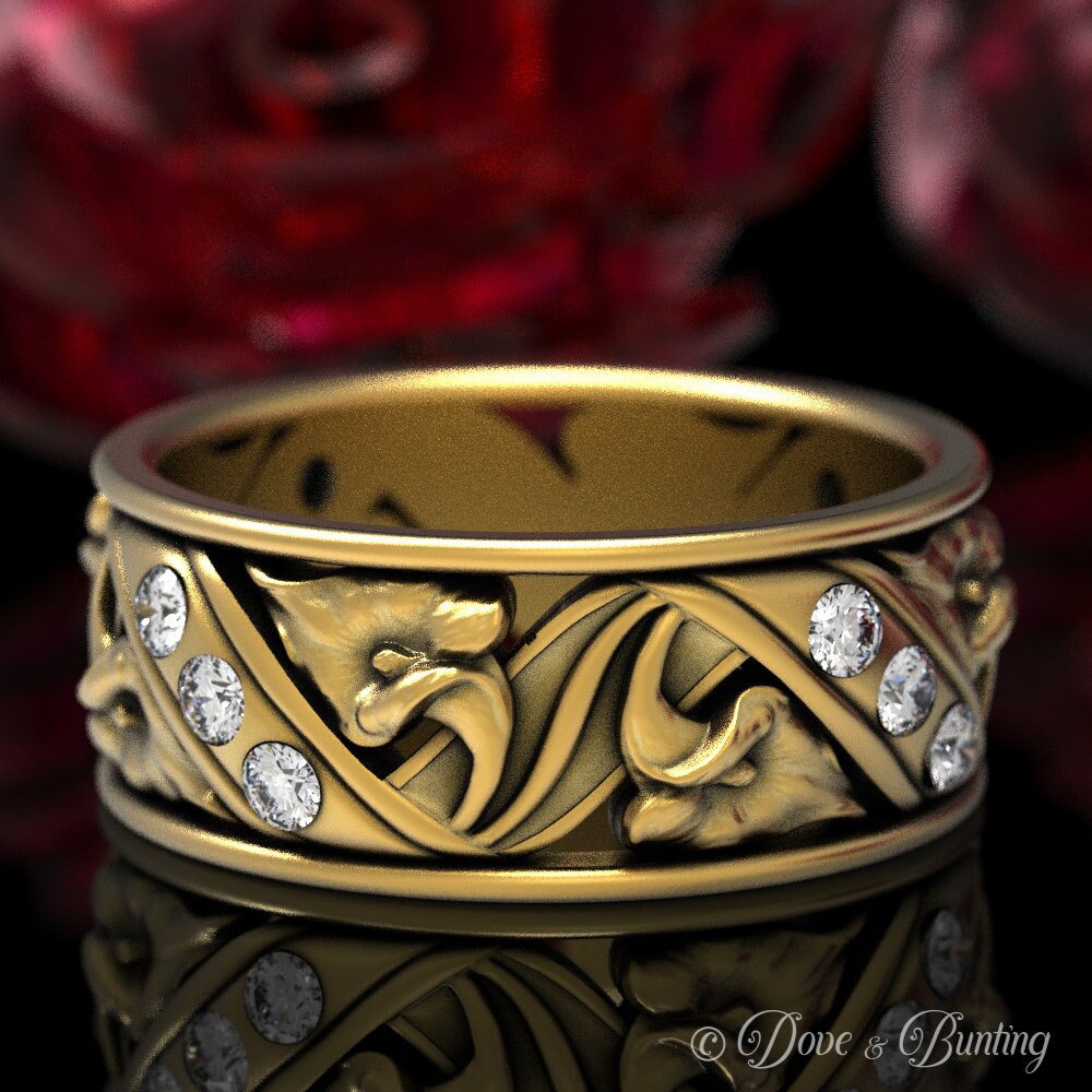 Moissanit & Gold Blumen Ehering, Jugendstil Natur Inspirierter Ring, 1515 von DoveAndBunting