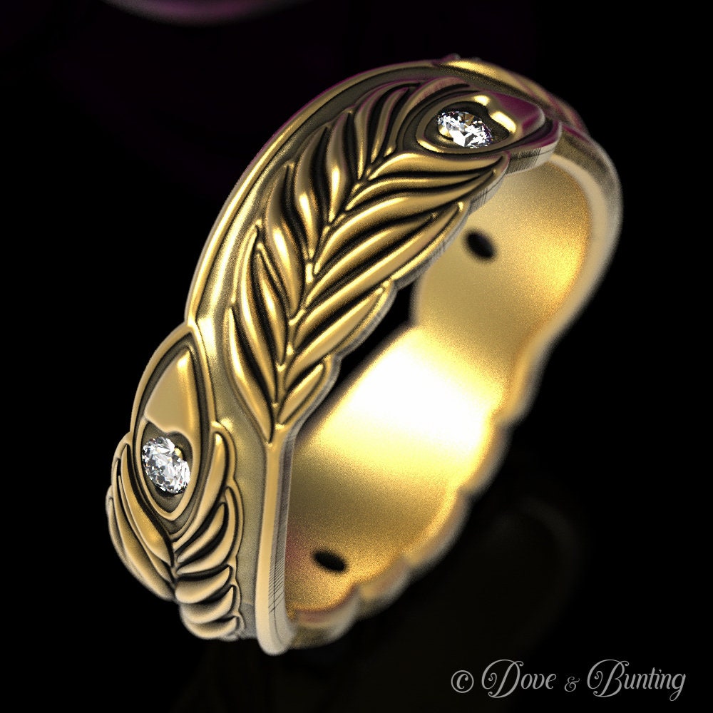 Moissanit-Feder-Ring, Gold-Feder-Ring, Feder-Ehering, Gold-Jugendstil-Ring, Feder-Herz-Ring, 1624 von DoveAndBunting