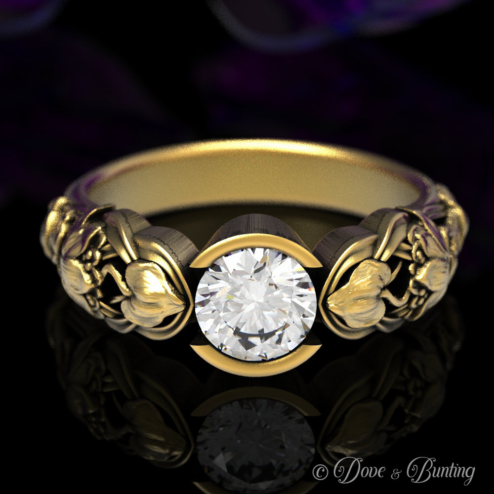 Moissanite Verlobungsring, Gold Jugendstil Blumenring, Lotus Ehering, Weissgold Verlobung, 1659 von DoveAndBunting