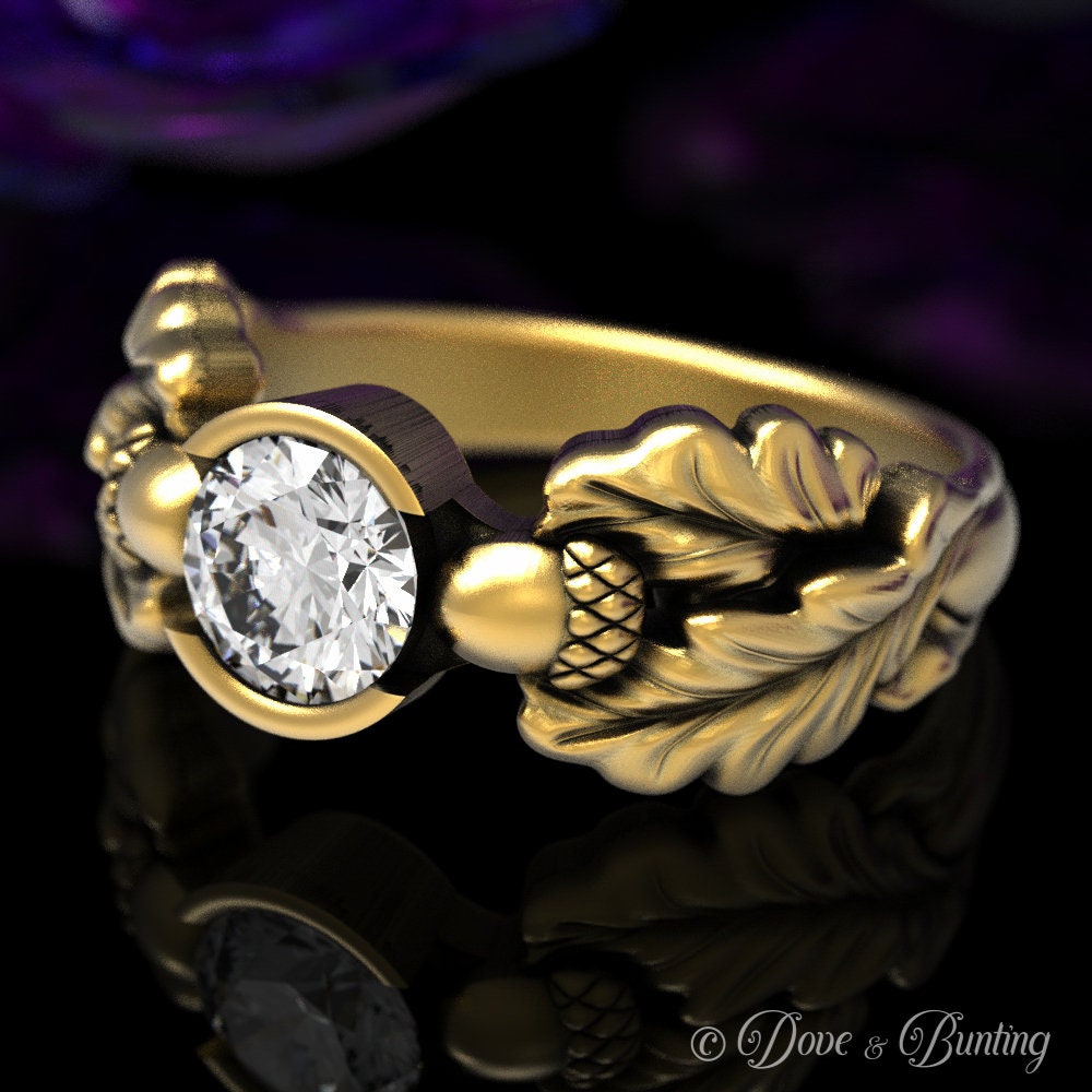 Moissanite & Gold Verlobungsring, Eichel Ring, Natur Blattgold Ehering, Eiche 1604 von DoveAndBunting