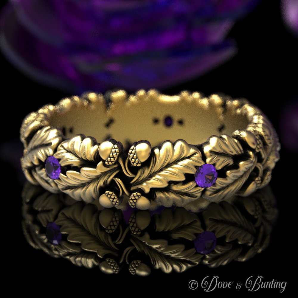 Natur-Eichen-Ring, Gold-Amethyst-Ring, Weißgold-Jugendstil-Ring, Eichenbaum-Ring, Zauberring, Wald-Ehering, Gold-Eichel-Ring, 1612 von DoveAndBunting