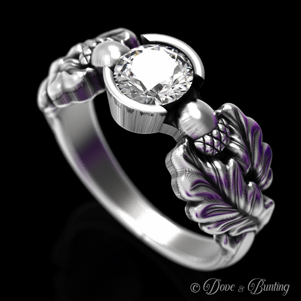 Natur Verlobungsring, Eichenblatt Ring, Sterling Silber & Moissanit Eichel Blatt Herbst Ehering, 1604 von DoveAndBunting