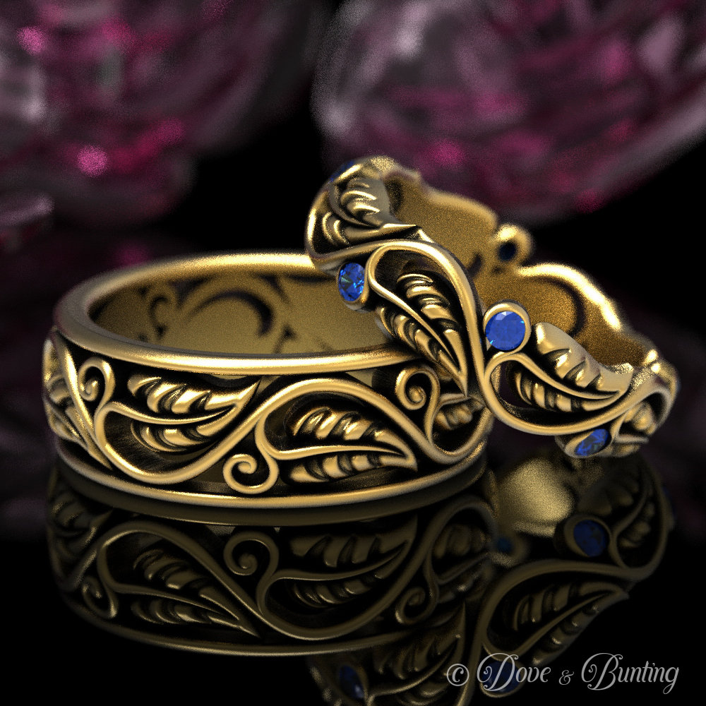 Passende Gold Eheringe, Blattgold Ringe, Passende Braut Bräutigam His Her Ring Set, Jugendstil 1626 1627 von DoveAndBunting