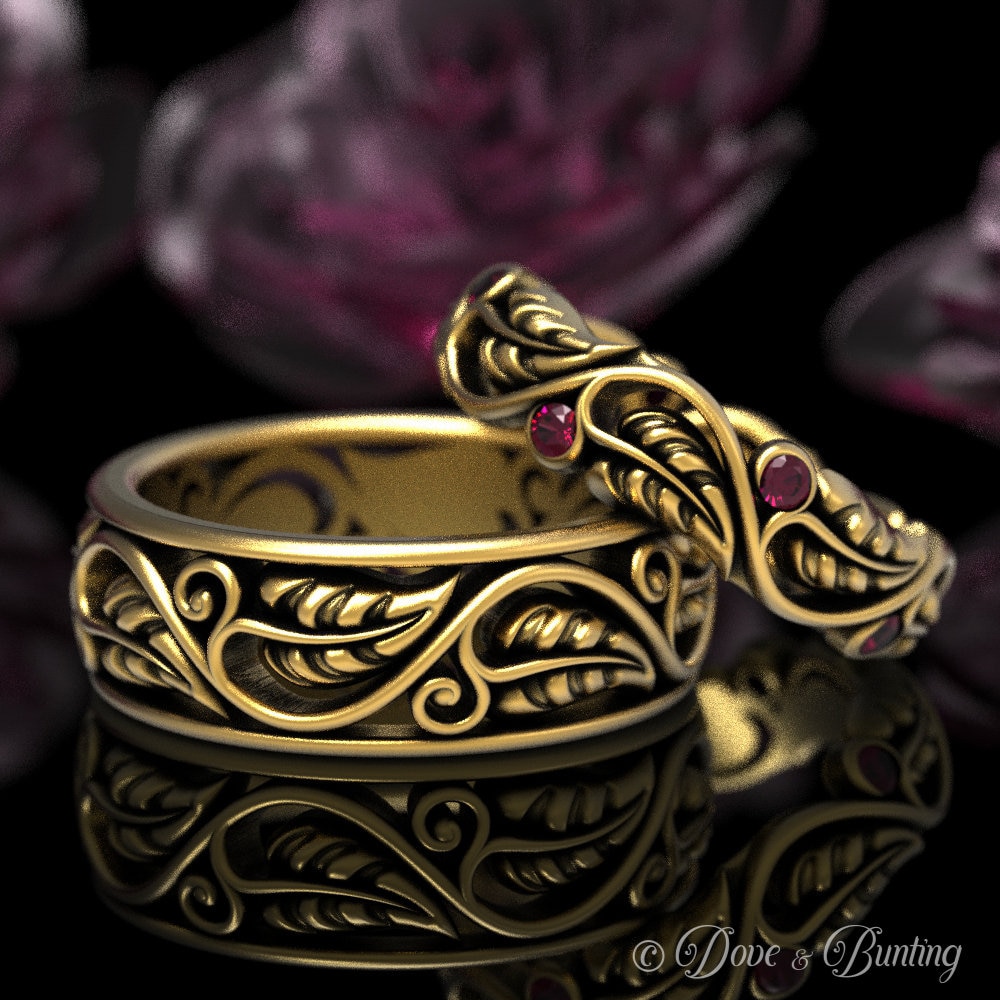 Passende Gold Trauringe, Rubin Blattgold Ringe, Jugendstil Blatt Ring Set, His Her Passende 1626 1627 von DoveAndBunting