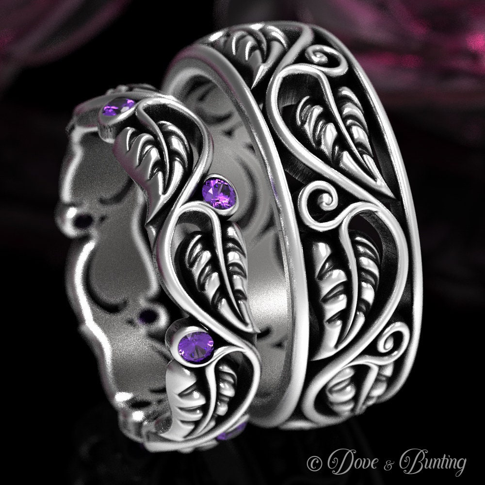 Passende Jugendstil Ringe, Sterling & Amethyst, Blätter Ehering Set, Passende Gold Eheringe, Silber Ring 1626 1627 von DoveAndBunting