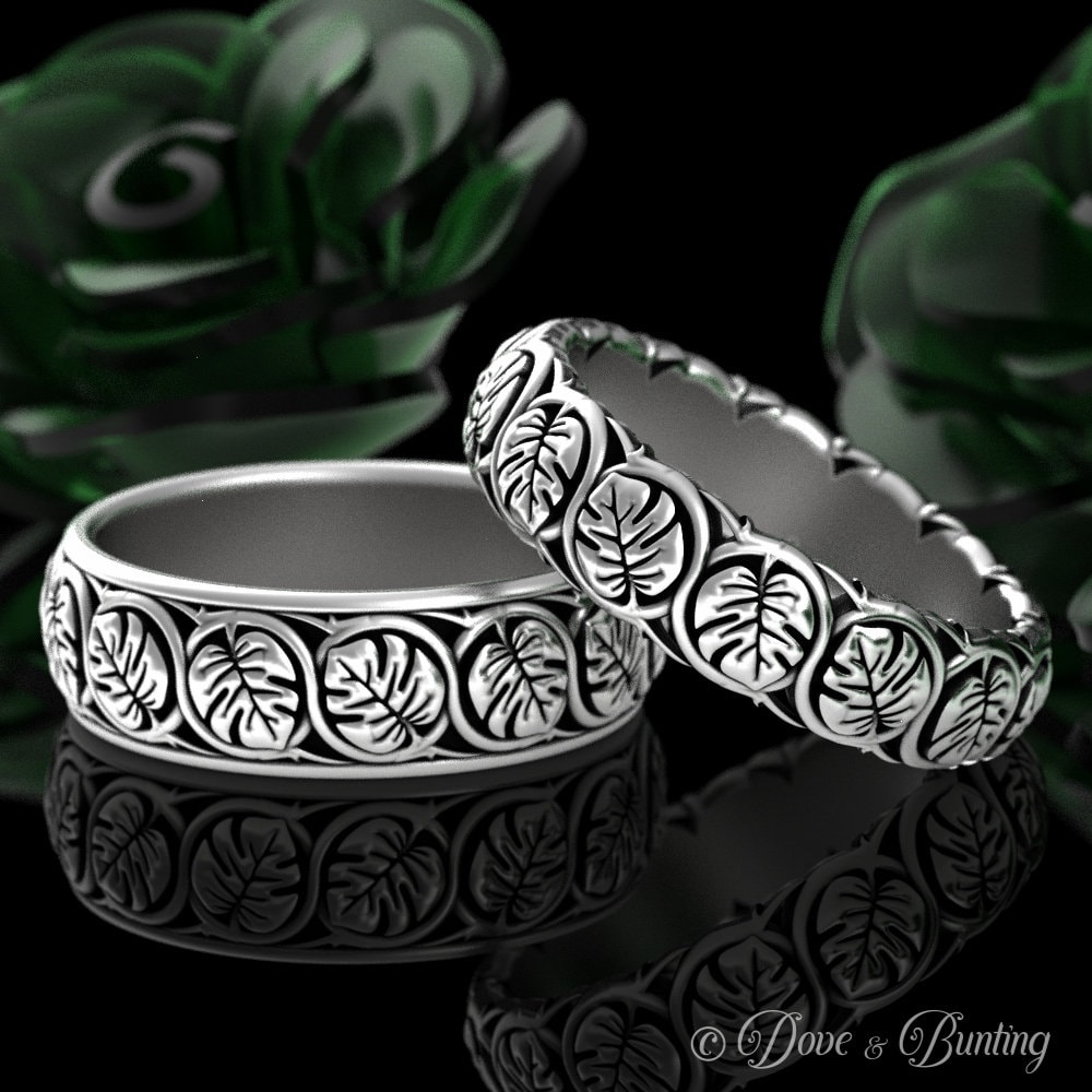 Passende Monstera-Eheringe, Monstera-Ringset Aus Sterlingsilber, Bio-Eheringe, Pflanzen-Eheringe, Sterling-Ring-Set, 3007 3008 von DoveAndBunting