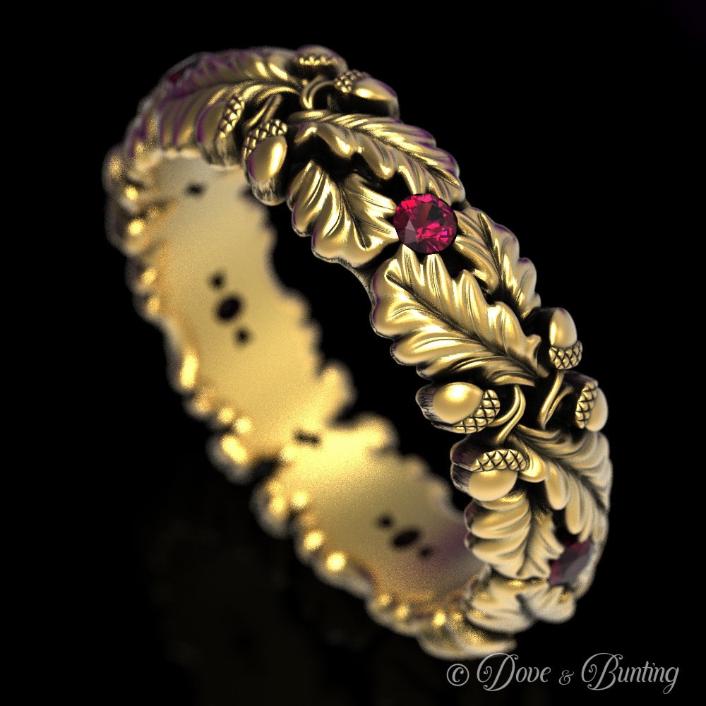 Rubin-Eichen-Ring, Gold-Jugendstil-Ring, Weißgold-Ehering, Eichenbaum-Ring, Zauberring, Wald-Ehering, Gold-Eichel-Ring, 1612 von DoveAndBunting