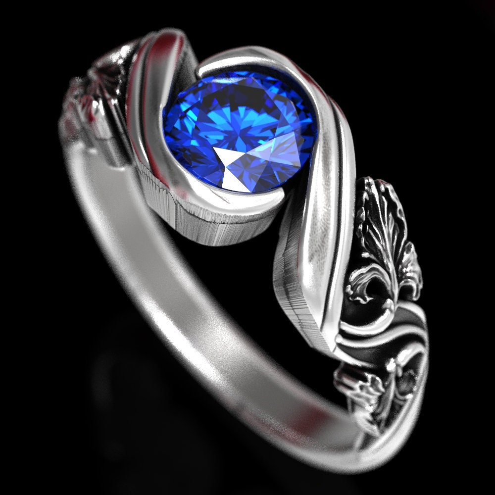 Saphir Blumenring Verlobungsring, Jugendstil Iris Ring, Ehering, Blau Silber Natur, 1523 von DoveAndBunting