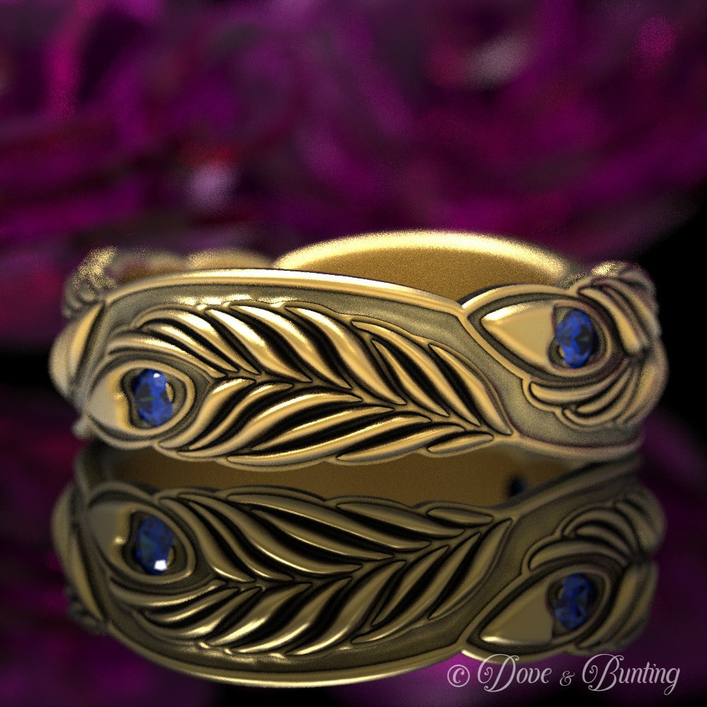 Saphir Gold Feder Ring, Weißgold Federring, Ehering, Jugendstil Herz 1624 von DoveAndBunting