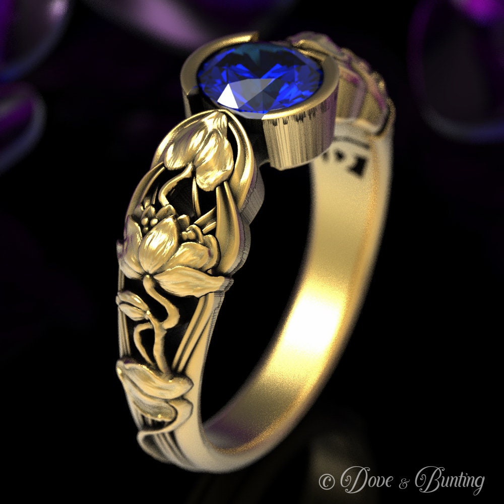 Saphir Lotus Verlobungsring, Gold Jugendstil Blume Ring, Ehering, Weißgold Verlobung, 1659 von DoveAndBunting