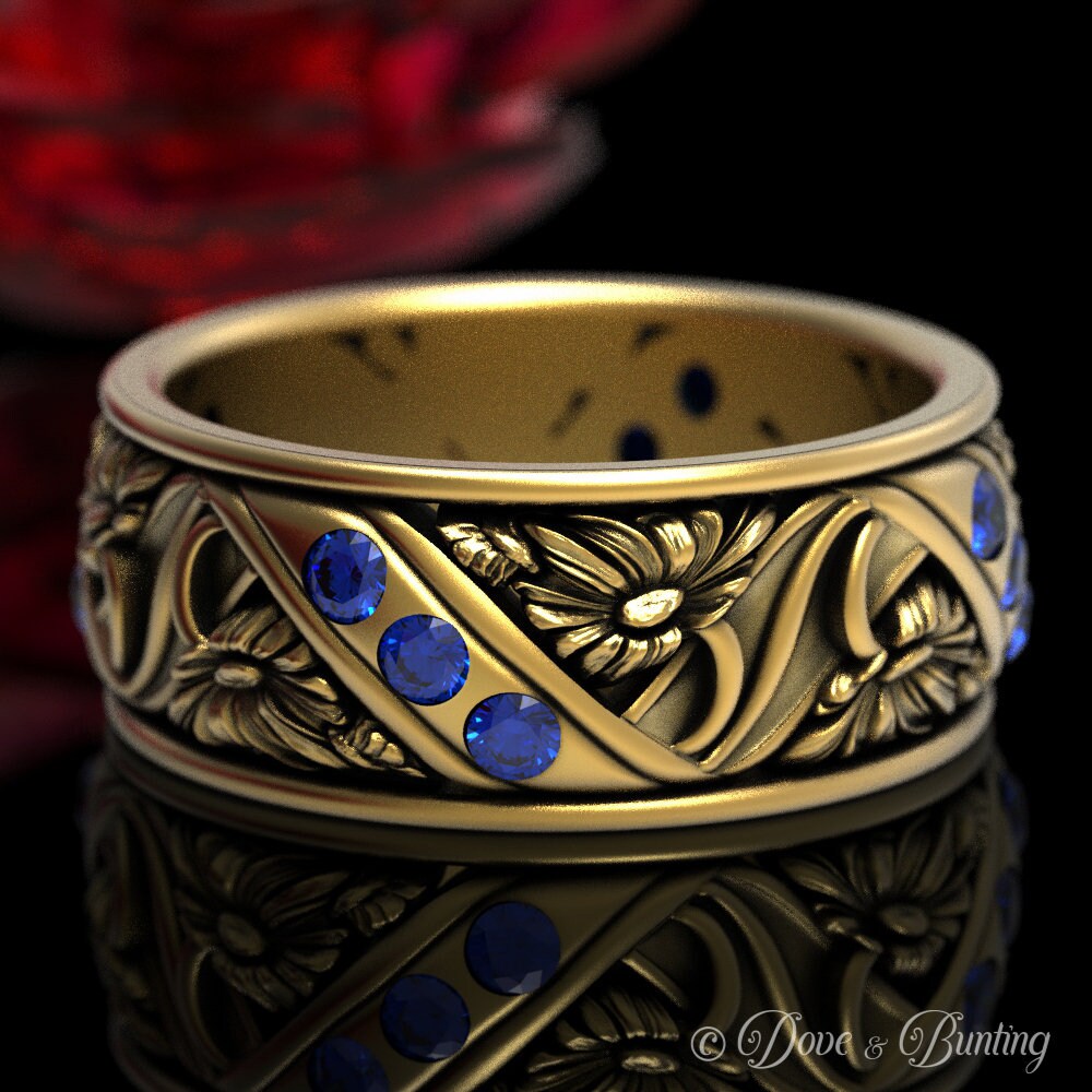 Saphir & Gold Blumen Ehering, Gänseblümchen Ring, Jugendstil Natur Inspirierter 1517 von DoveAndBunting