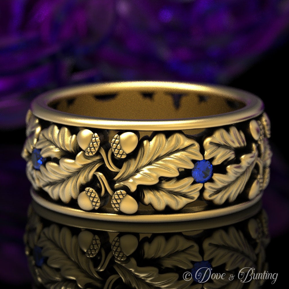 Saphir & Gold Ehering Blatt Weißgold Ring Eichel 1611 von DoveAndBunting