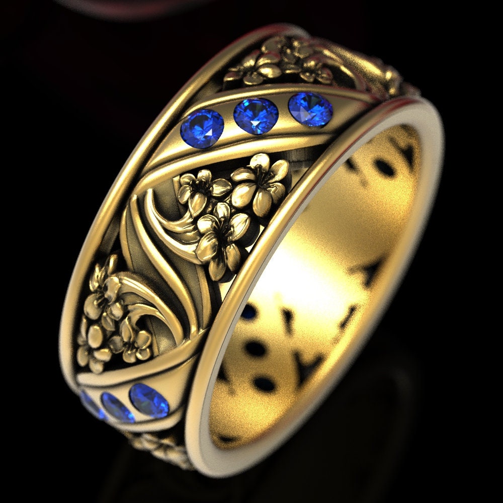 Saphir & Gold Lilien Blumen Ehering, Jugendstil Natur Inspirierter Ring, 1521 von DoveAndBunting