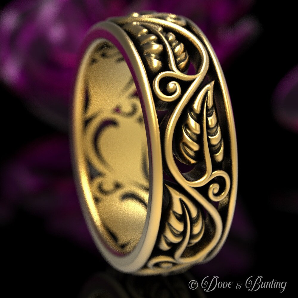 Swirl Blatt Ehering, Blattgold Ring, Weißgold Jugendstil Gold Natur Antik 1627 von DoveAndBunting