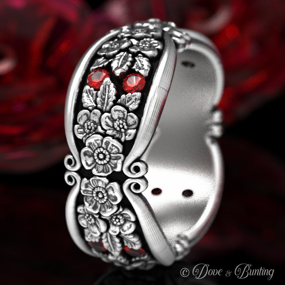 Vergissmeinnicht-Ehering, Rubin + Sterling-Ehering, Rubin-Blumenring, Blumen-Ehering, Natur Inspirierter Ring, Silberblume, 184-R4 von DoveAndBunting