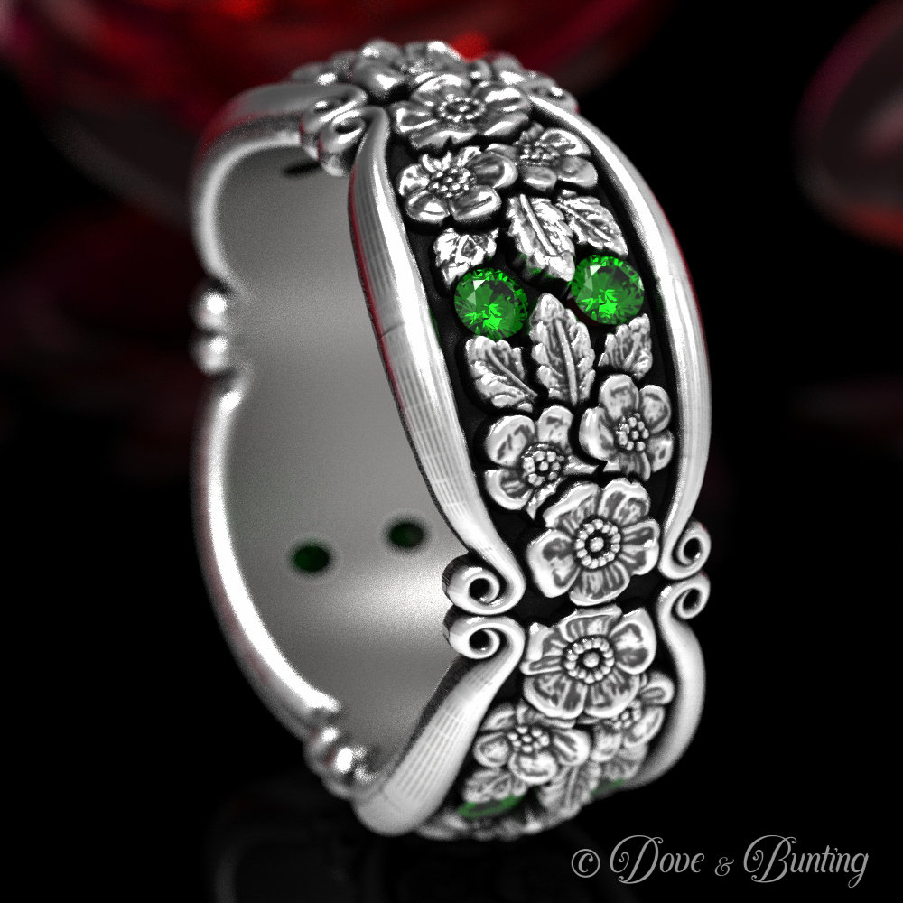 Vergissmeinn Ich-Nicht Ehering, Sterling + Smaragd Silber Floraler Ring, Blumen Natur Inspirierter 184-R4 von DoveAndBunting