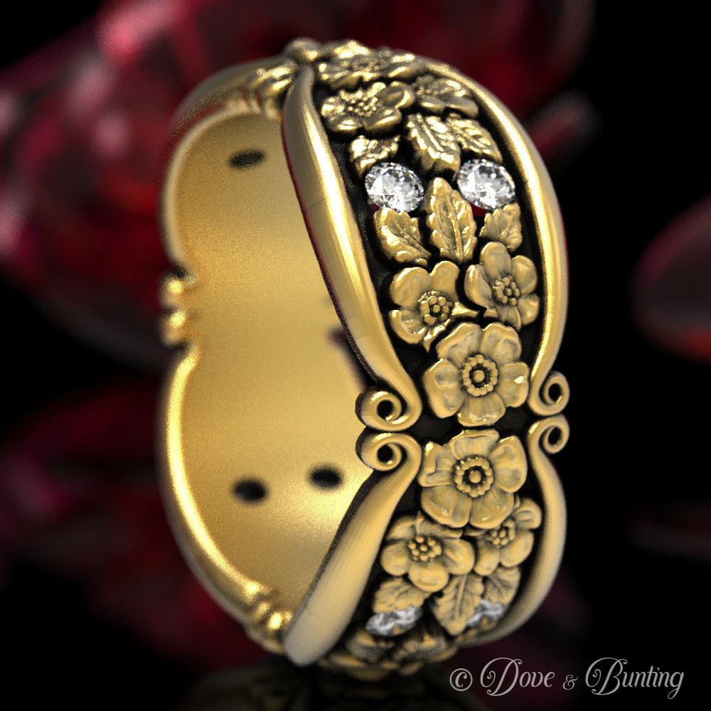 Vergissmeinnicht-Ehering Mit Moissanit, Goldener Blumenring, Blumen-Ehering, Platin-Blumenring, Von Der Natur Inspirierter Ring, 184-R4 von DoveAndBunting