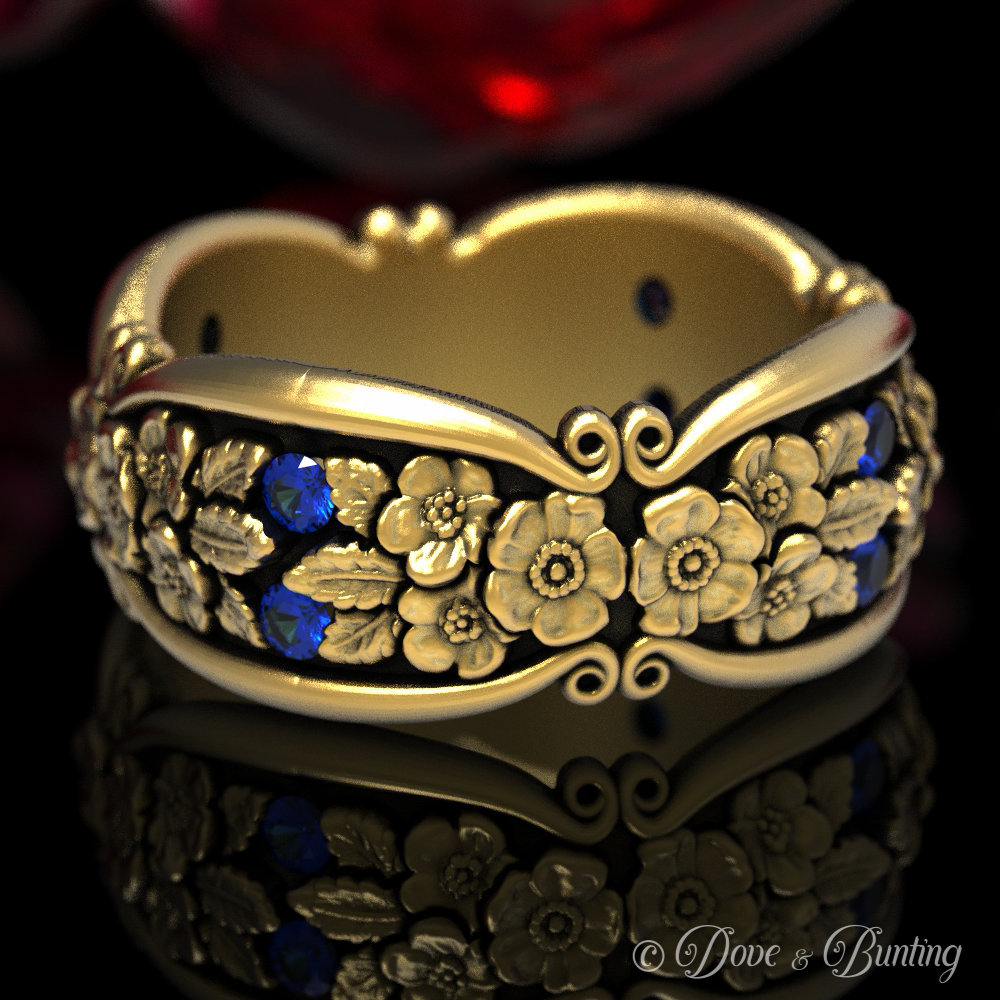 Vergissmeinnicht-Ehering Mit Saphiren, Goldener Blumenring, Blumen-Ehering, Platin-Blumenring, Von Der Natur Inspirierter Ring, 184-R4 von DoveAndBunting