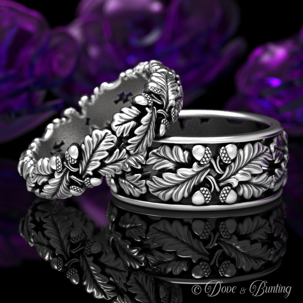 sterling Silber Ehering Set, Natur Eheringe, Seine Ihre Ringe, Eichenblatt Passende Eichel Ring, 1605 1606 von DoveAndBunting